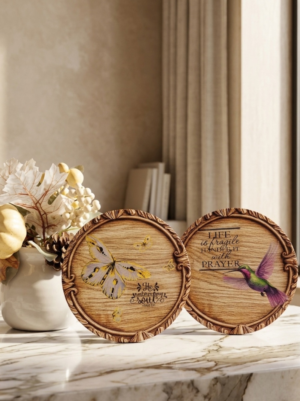 Handmade Tin Wooden Set with Butterfly & Hummingbird – Natural Brown